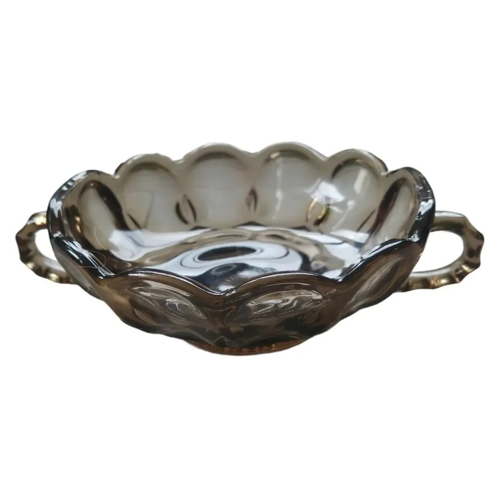 Vintage Smoky Glass Bowl Sugar Dish with Handles 70s